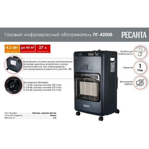 Газовый инфракрасный обогреватель РЕСАНТА ПГ-4200Б (67/5/13)  4200 Вт, 60 м2, 220 В