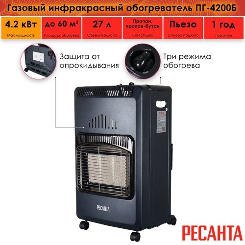 Газовый инфракрасный обогреватель РЕСАНТА ПГ-4200Б (67/5/13)  4200 Вт, 60 м2, 220 В
