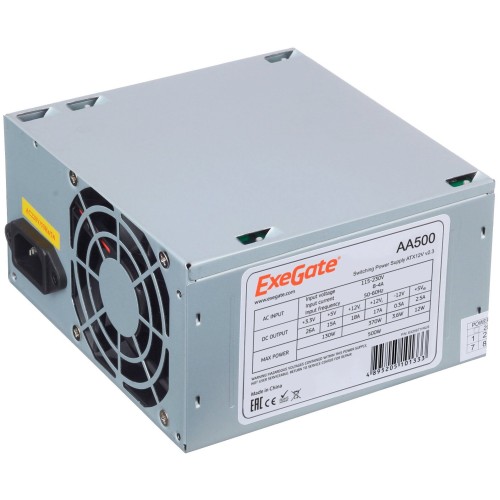 Блок питания 500W ExeGate AA500, ATX, 8cm fan, 24p+4p, 2*SATA, 1*IDE