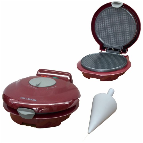 Вафельница WILLMARK WM-103R (1 круглая ваф. форма, терморегулятор, 750Вт, конус для морож., красная)
