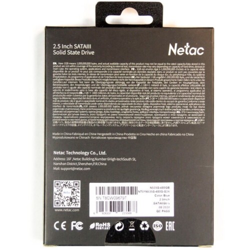 Накопитель SSD 2.5" Netac 480Gb N535S Series <NT01N535S-480G-S3X> Retail (SATA3, up to 540/490MBs, 3D TLC, 7mm)