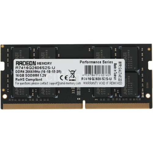 Модуль памяти 16GB AMD Radeon™ DDR4 2666 SO DIMM R7 Performance Series Black R7416G2606S2S-U Non-ECC, CL16, 1.2V, RTL