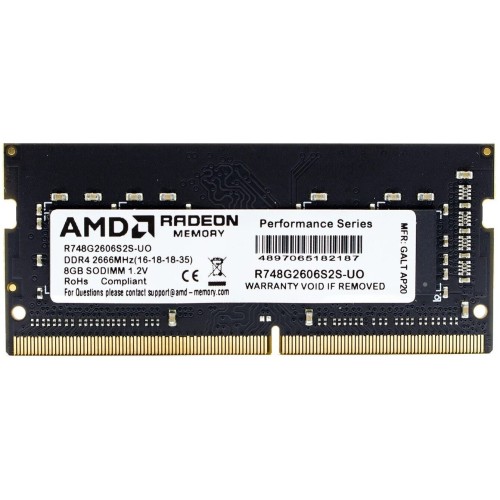 Модуль памяти 8GB AMD Radeon™ DDR4 2666 SO DIMM R7 Performance Series Black R748G2606S2S-U Non-ECC, CL16, 1.2V, RTL