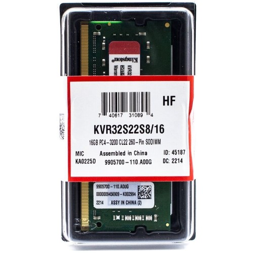 Модуль памяти SO-DIMM DDR 4 DIMM 16Gb PC25600, 3200Mhz, Kingston (KVR32S22S8/16) (retail)
