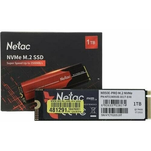 Накопитель SSD M.2 Netac 1.0Tb N950E Pro Series <NT01N950E-001T-E4X> Retail (PCI-E 3.1 x4, up to 3350/2800MBs, 3D NAND, NVMe 1.3, 22х80mm)
