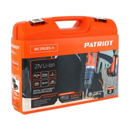 Дрель-шуруповерт аккумуляторная PATRIOT BR 216UES-h две батареи Li-ion, УДАР, бесщеточный двигатель,  патрон 13мм, большой кейс, зарядка за 1 час, комплект бит и сверл, UES
