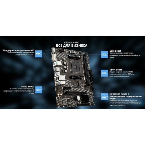 Материнская плата MSI A520M-A PRO Soc-AM4 AMD A520 2xDDR4 mATX AC`97 8ch(7.1) GbLAN RAID+DVI+HDMI