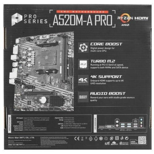 Материнская плата MSI A520M-A PRO Soc-AM4 AMD A520 2xDDR4 mATX AC`97 8ch(7.1) GbLAN RAID+DVI+HDMI