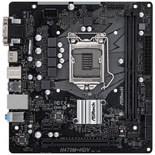 Материнская плата ASRock H470M-HDV LGA1200, H470, 2*DDR4, D-Sub+HDMI+DVI-D, 4xSATA3 6.0, 2xUSB 3.2, 4xUSB 2.0, mATX
