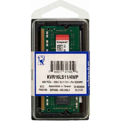 Память Kingston 4GB DDR3L 1600MHz KVR16LN11/4WP VALUERAM RTL PC3-12800 CL11 DIMM 240-pin 1.35В