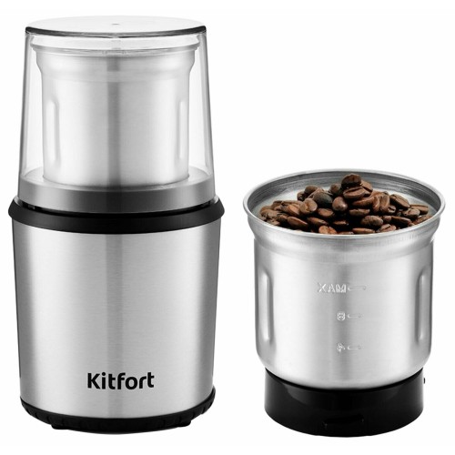 Кофемолка KITFORT КТ-757, 200Вт, система помола: ножи, вместимость: 75гр, нержавеющая сталь/черный