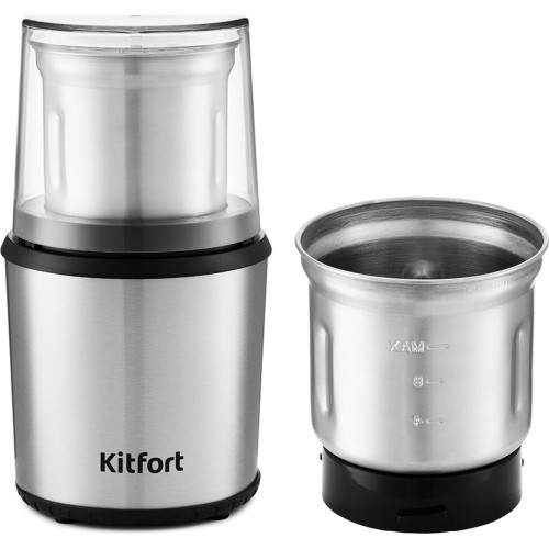 Кофемолка KITFORT КТ-757, 200Вт, система помола: ножи, вместимость: 75гр, нержавеющая сталь/черный