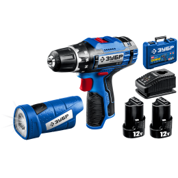 Дрель-шуруповерт ЗУБР 12В + LED фонарь, 2 АКБ (2Ач), в кейсе, Профессионал.  DL-121-22F