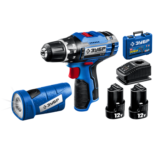 Дрель-шуруповерт ЗУБР 12В + LED фонарь, 2 АКБ (2Ач), в кейсе, Профессионал.  DL-121-22F