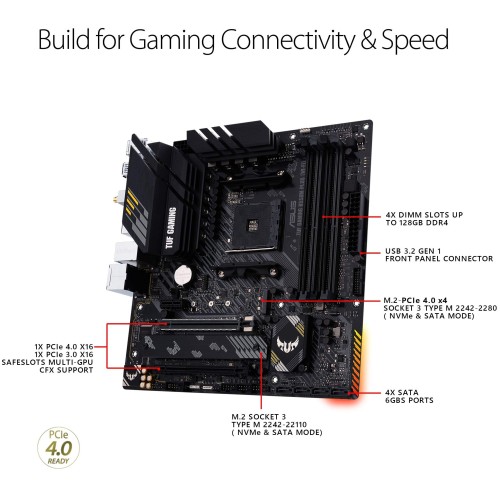 Материнская плата ASUS TUF GAMING B550M-PLUS WIFI II, Socket AM4, B550, 4*DDR4, HDMI+DP, CrossFireX, SATA3 + RAID, Audio, 2,5Gb LAN, USB 3.2*8, USB 2.0*6, COM*1 header (w/o cable) mATX ; 90MB19Y0-M0EAY0