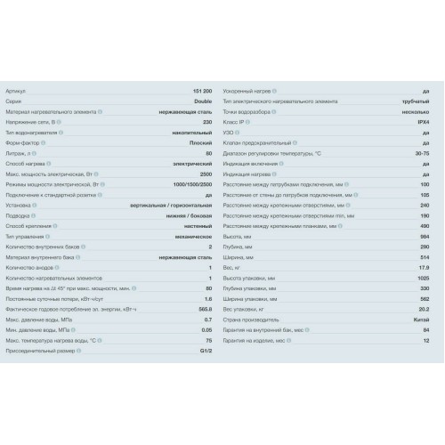 Водонагреватель THERMEX Double 80 2.5кВт 80л электрический настенный/белый