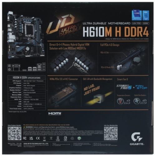 Материнская плата Gigabyte H610M H DDR4 Soc-1700 Intel H610 2xDDR4 mATX AC`97 8ch(7.1) GbLAN+VGA+HDMI