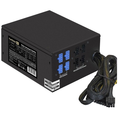Блок питания 750W ExeGate EX292336RUS 750PPX (ATX, APFC, КПД 80% (80 PLUS), 14cm fan, 20+4pin, 2x2x(4+4)pin, 6xPCI-E, 10xSATA, 4xIDE, Cable Management, black, RTL)