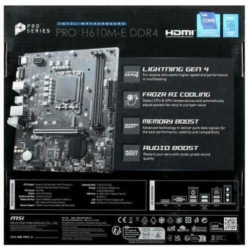 Материнская плата MSI PRO H610M-E DDR4 S1700, 2DDR4,1PCI-Ex16,1PCI-Ex1,1M.2,4SATA3.0,4USB3.2Gen1,8USB 2.0 mATX