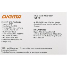 Накопитель SSD Digma PCI-E 4.0 x4 2Tb DGST4002TP83T Top P8 M.2 2280