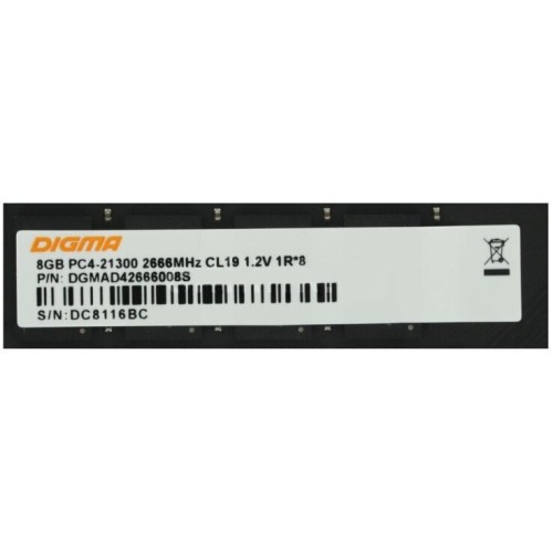 Память DDR4 8Gb 2666MHz Digma DGMAD42666008S RTL PC4-21300 CL19 DIMM 288-pin 1.2В single rank