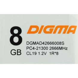 Память DDR4 8Gb 2666MHz Digma DGMAD42666008S RTL PC4-21300 CL19 DIMM 288-pin 1.2В single rank