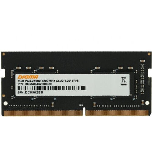 Память DDR4 8Gb 3200MHz Digma DGMAS43200008S RTL PC4-25600 CL22 SO-DIMM 260-pin 1.2В single rank