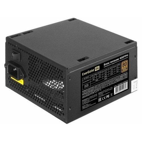Блок питания 400W ExeGate 80 PLUS® Bronze 400PPH (ATX, APFC, SC, КПД 88% (80 PLUS Bronze), 12cm fan, 20+4pin, 4+4pin, 2xPCI-E, 5xSATA, 3xIDE, кабель 220V с защитой от выдергивания, black, Color Box)