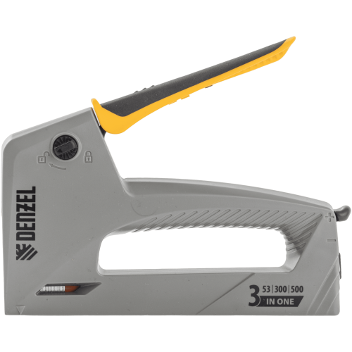 Степлер мебельный, пластиковый корпус, тип 53, 6-14 мм, тип 300, 15 мм, тип 500, 15 мм// Denzel