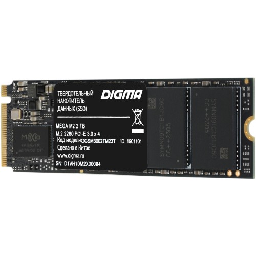 Накопитель SSD Digma PCI-E 3.0 x4 2Tb DGSM3002TM23T Mega M2 M.2 2280
