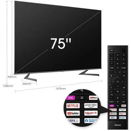 Телевизор QLED Hisense 75" 75A7GQ черный 4K Ultra HD 120Hz DVB-T DVB-T2 DVB-C DVB-S DVB-S2 WiFi Smart TV
