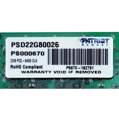 Модуль памяти Patriot Memory DIMM DDR2 2Gb 800MHz Patriot PSD22G80026 RTL PC2-6400 CL6  240-pin 1.8В