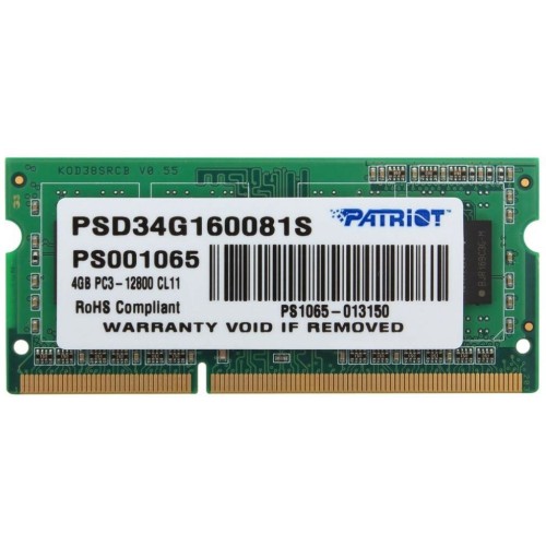 Память Patriot DDR3 4Gb 1600MHz SO-DIMM PSD34G160081S RTL PC3-12800 CL11  204-pin 1.5В
