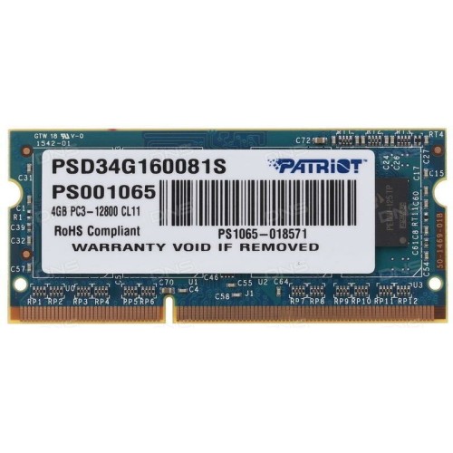 Память Patriot DDR3 4Gb 1600MHz SO-DIMM PSD34G160081S RTL PC3-12800 CL11  204-pin 1.5В