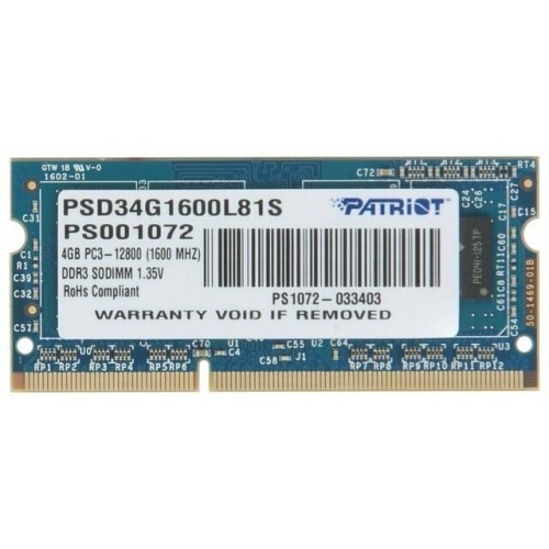 Модуль памяти Patriot SO-DIMM DDR3 4GB PSD34G1600L81S (PC3-12800, 1600MHz, 1.35V)
