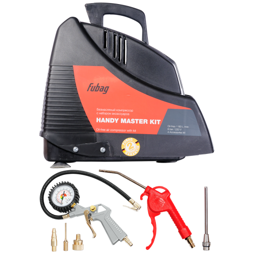 Компрессоры, Пневматическое оборудование FUBAG HANDY MASTER KIT +набор из 5 предметов 8213690KOA607 (8213690KOA536) ( Произ- водит., л/мин 180 Давле- ние, бар 8 Мощность, кВт 1.1 Напря- жение, В 220 Вес, кг 7  )