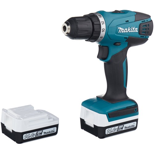 Дрель-шуруповерт Makita DF347DWE Дрель ак,{14.4В,2х1.5Ач Li-ion,БЗП-10мм,0-400\0-1400об\м,30\15Нм,1.4кг,чем,G-серия}