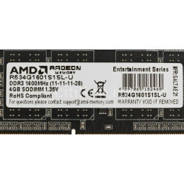 Модуль памяти 4GB AMD Radeon™ DDR3L 1600 SO DIMM R5 Entertainment Series Black R534G1601S1SL-U Non-ECC, CL11, 1.35V, Retail