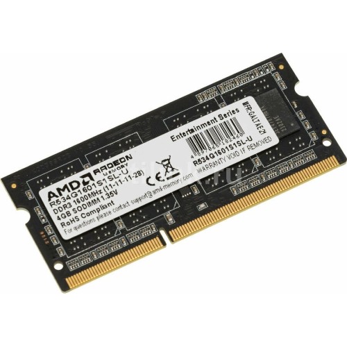 Модуль памяти 4GB AMD Radeon™ DDR3L 1600 SO DIMM R5 Entertainment Series Black R534G1601S1SL-U Non-ECC, CL11, 1.35V, Retail