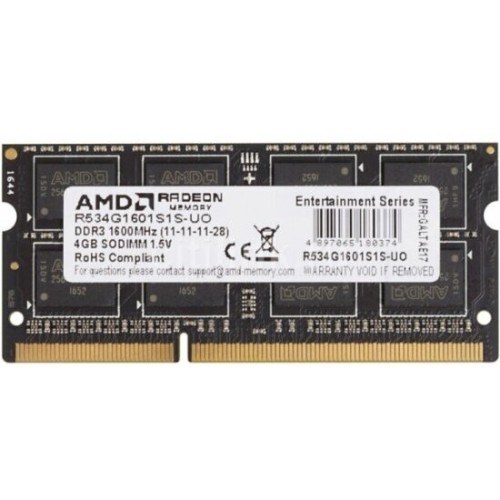 Модуль памяти 4GB AMD Radeon™ DDR3 1600 SO DIMM R5 Entertainment Series Black R534G1601S1S-U Non-ECC, CL11, 1.5V, Retail