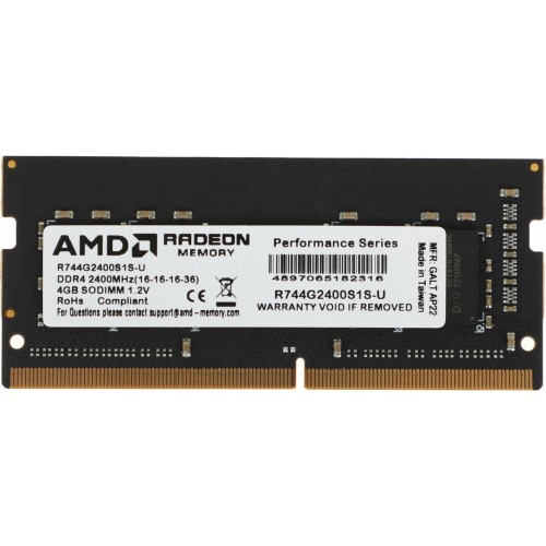 Модуль памяти 4GB AMD Radeon™ DDR4 2400 SO DIMM R7 Performance Series Black R744G2400S1S-U Non-ECC, CL16, 1.2V, RTL