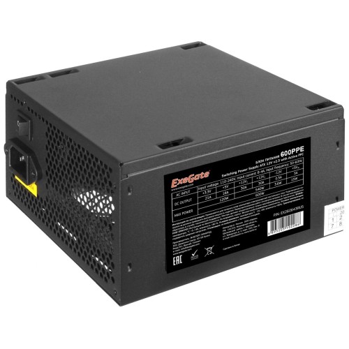 Блок питания 600W Exegate 600PPE, ATX, SC, black, APFC, 12cm, 24p+(4+4)p, PCI-E, 5*SATA, 3*IDE, FDD + кабель 220V с защитой от выдергивания