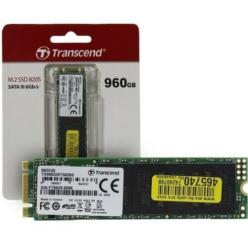 Накопитель SSD M.2 Transcend 960Gb MTS820 <TS960GMTS820S> (SATA3, up to 560/520MBs, 75000 IOPs, 3D TLC, 22х80мм)