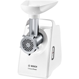 Мясорубка BOSCH MFW3910W CompactPower, 1900Вт, 2,3 кг/мин, цвет: белый, механическая за щита от перегрузки, 1 скор. Комплект: 2 диска для фарша, насадка для кол басок