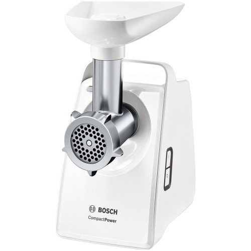 Мясорубка BOSCH MFW3910W CompactPower, 1900Вт, 2,3 кг/мин, цвет: белый, механическая за щита от перегрузки, 1 скор. Комплект: 2 диска для фарша, насадка для кол басок