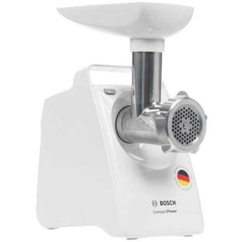 Мясорубка BOSCH MFW3910W CompactPower, 1900Вт, 2,3 кг/мин, цвет: белый, механическая за щита от перегрузки, 1 скор. Комплект: 2 диска для фарша, насадка для кол басок