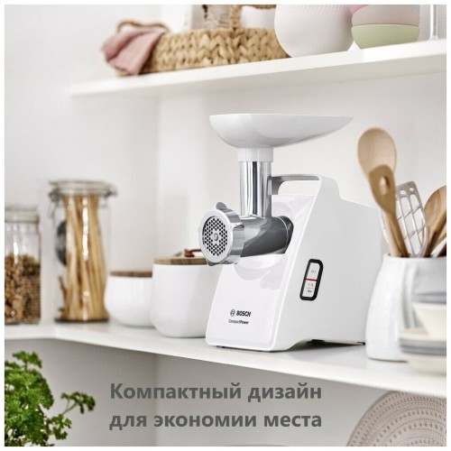 Мясорубка BOSCH MFW3910W CompactPower, 1900Вт, 2,3 кг/мин, цвет: белый, механическая за щита от перегрузки, 1 скор. Комплект: 2 диска для фарша, насадка для кол басок