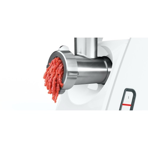 Мясорубка BOSCH MFW3910W CompactPower, 1900Вт, 2,3 кг/мин, цвет: белый, механическая за щита от перегрузки, 1 скор. Комплект: 2 диска для фарша, насадка для кол басок