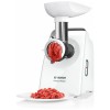 Мясорубка BOSCH MFW3910W CompactPower, 1900Вт, 2,3 кг/мин, цвет: белый, механическая за щита от перегрузки, 1 скор. Комплект: 2 диска для фарша, насадка для кол басок