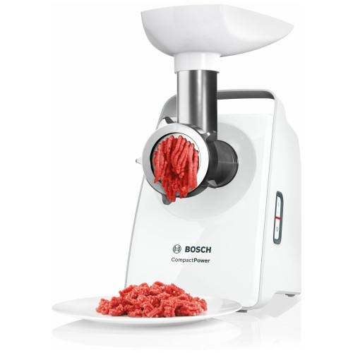Мясорубка BOSCH MFW3910W CompactPower, 1900Вт, 2,3 кг/мин, цвет: белый, механическая за щита от перегрузки, 1 скор. Комплект: 2 диска для фарша, насадка для кол басок